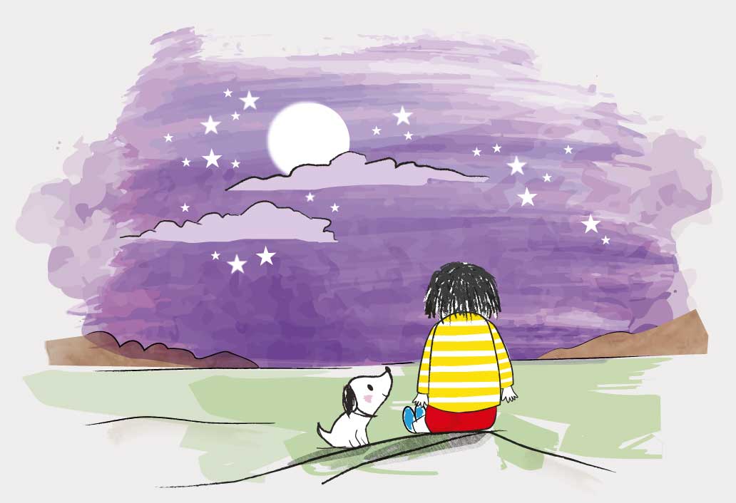 Dot and her pup sit together facing away from the viewer, looking at the moon rising over clouds at night, with mountains in the distance